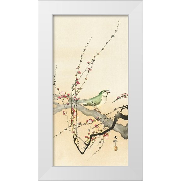 Koson, Ohara 9x14 White Modern Wood Framed Museum Art Print Titled - Songbird and plum blossom