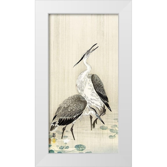 Koson, Ohara 9x14 White Modern Wood Framed Museum Art Print Titled - Two herons in the rain