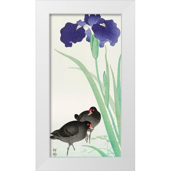 Koson, Ohara 9x14 White Modern Wood Framed Museum Art Print Titled - Waterhoots and iris