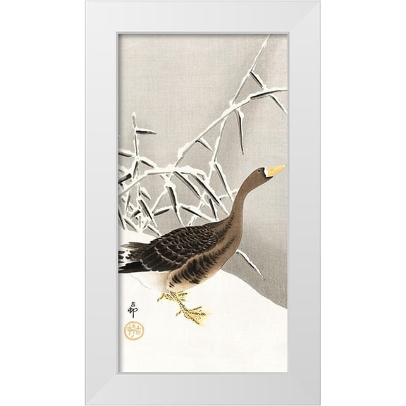 Koson, Ohara 9x14 White Modern Wood Framed Museum Art Print Titled - White-fronted goose in the snow