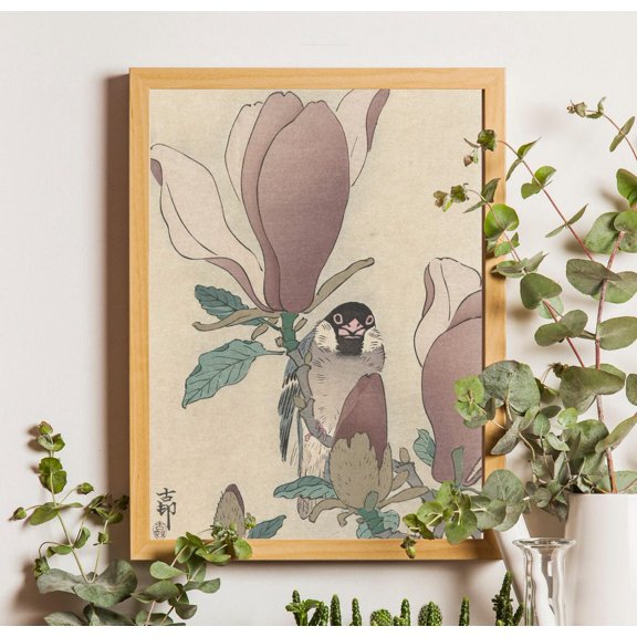 Koson Sparrow Magnolia Poster Vintage Japanese Woodblock Art Poster, Unframed Poster Size 8x12