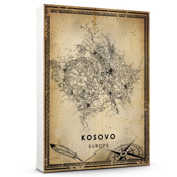 Kosovo country Vintage Map Prints Canvas, Kosovo Country road Map Art Canvas, Canvas,