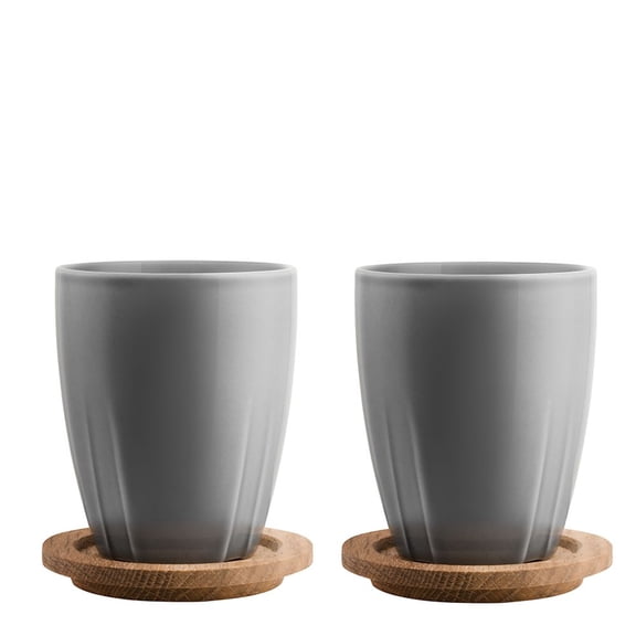 Kosta Boda Bruk Mug with Oak Lid Smoke Grey Pair, Porcelain,