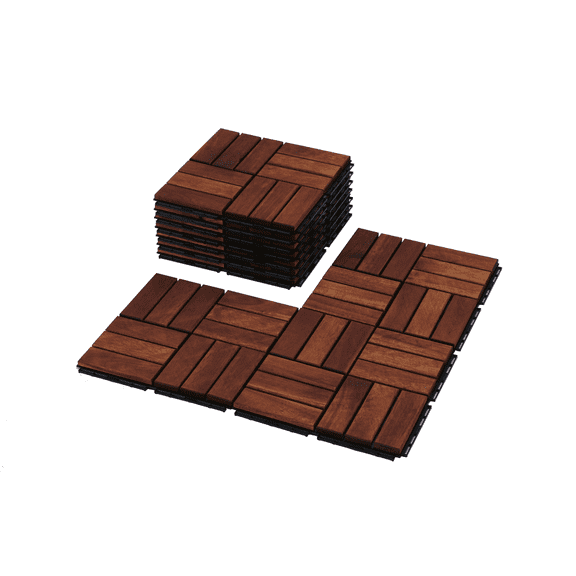 Kosynda 10 PCS Interlocking Deck Tiles, 12" x 12" Acacia Wood Patio Tiles for Garden, Bancony, Pool Side, Crossed Pattern All Weather Use, Brown
