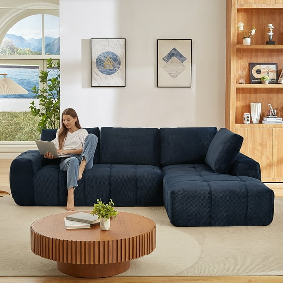 Kosynda 111" Cloud Sectional Sofa with L-Shape Chaise, Boneless Modular Couch with Deep Seat for Living Room, Reception Spaces, Blue, Right Facing Chaise
