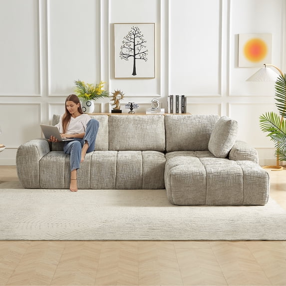 Kosynda 111" Cloud Sectional Sofa with L-Shape Chaise, Boneless Modular Couch with Deep Seat for Living Room, Reception Spaces, Khaki, Right Facing Chaise