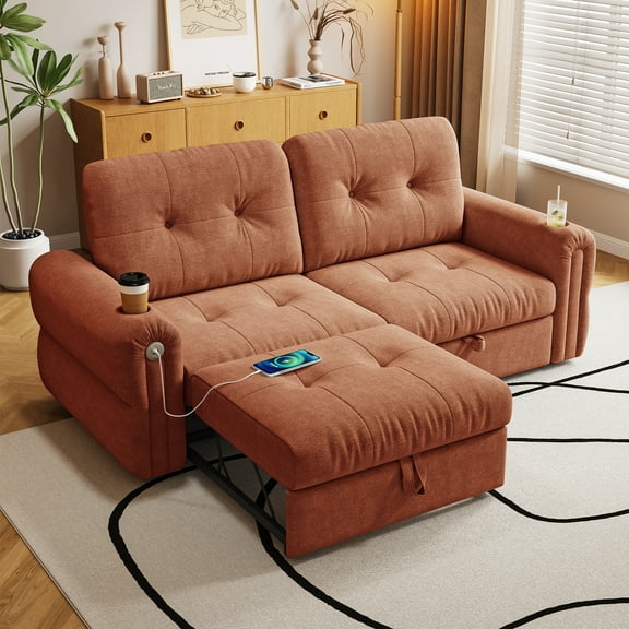 Kosynda 3 in 1 Convertible Sofa Bed with USB Charging, 77"W Pull Out Couch with Cup Holders, Chenille Loveseat Sleeper Sofa for Living Room, Bedroom, Apartment, Orange