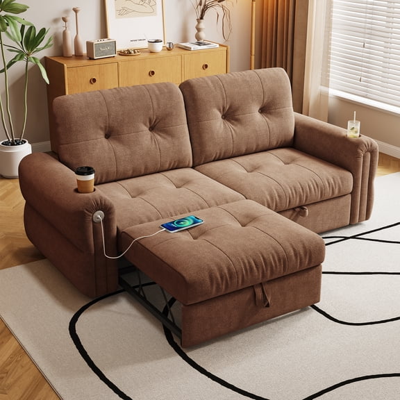 Kosynda 3 in 1 Convertible Sofa Bed with USB Charging, 77"W Pull Out Couch with Cup Holders, Chenille Loveseat Sleeper Sofa for Living Room, Bedroom, Apartment, Orange