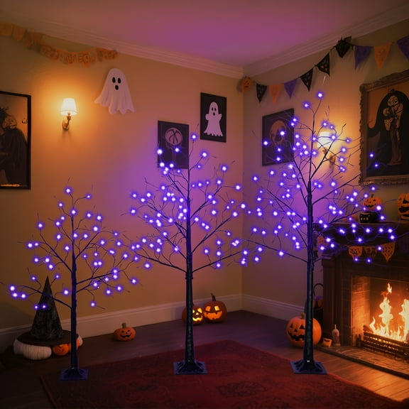 Kosynda 3 Pac Halloween Spooky Tree with Purple Lights, 4FT 5FT and 6FT, Lighted Black Tree for Halloween Decoration