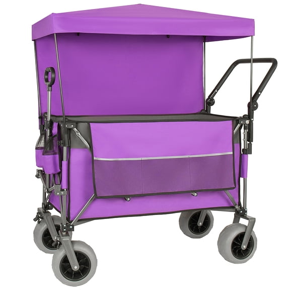 Kosynda 300L Push-Pull Collapsible Wagon Cart with Canopy, 480LBS Heavy Duty Utility Beach Wagon with 9"x4" Wheels & Brakes for Garden, Camping, Purple