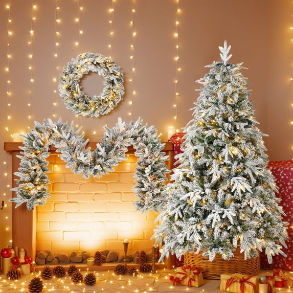 Kosynda 3Pcs Christmas Tree Garland Wreath Set, Snowy Flocked Christmas Decor with Warm LED Lights, 9ft Flocked Garland, 6ft Flocked Tree for Indoor Outdoor Xmas Party Decor