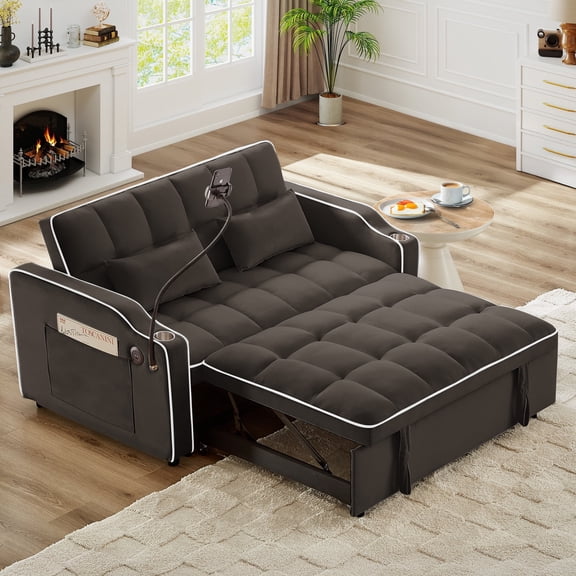 Kosynda 64"D Pull-Out Couch Bed with Phone Stand, 3 in 1 Velvet Convertible Sleeper Sofa Bed with USB Port, Adjustable Backrest and Ashtray, Brown