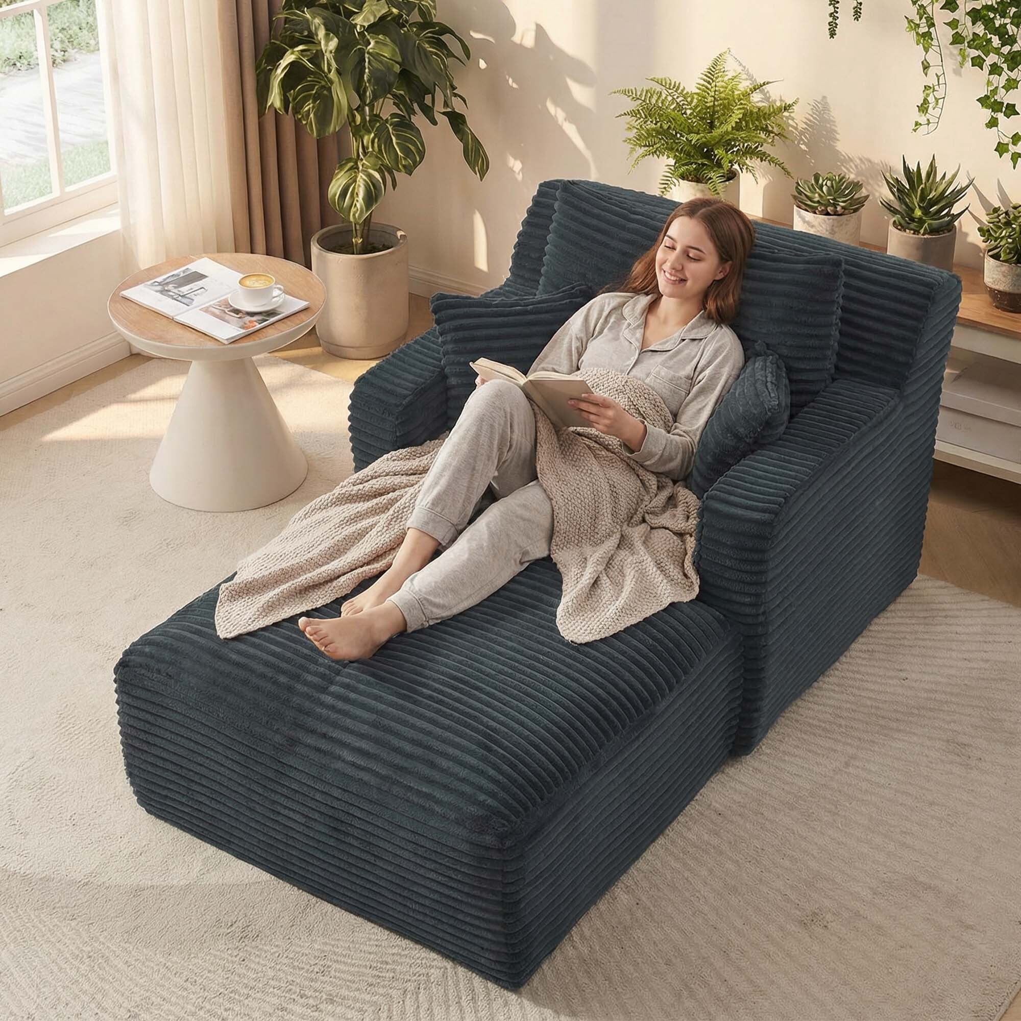 Kosynda 65"D Oversized Chaise Lounge Chair Indoor, Corduroy Upholstered Boneless Sofa Bed with 3 Pillows for Living Room, Gray