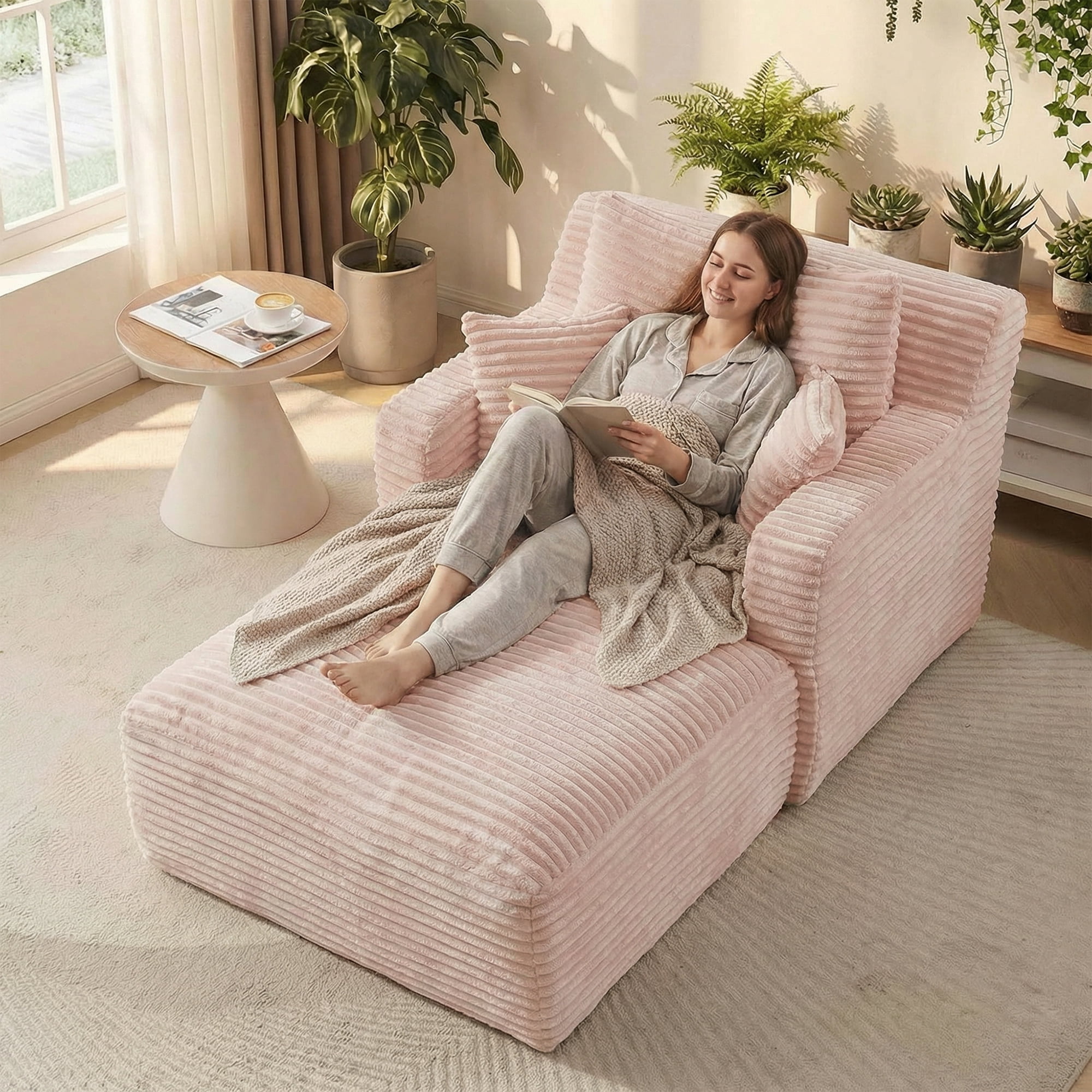 Kosynda 65"D Oversized Chaise Lounge Chair Indoor, Corduroy Upholstered Boneless Sofa Bed with 3 Pillows for Living Room, Pink