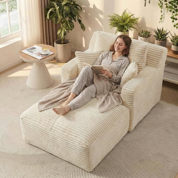Kosynda 65"D Oversized Chaise Lounge Chair Indoor, Corduroy Upholstered Boneless Sofa Bed with 3 Pillows for Living Room, White