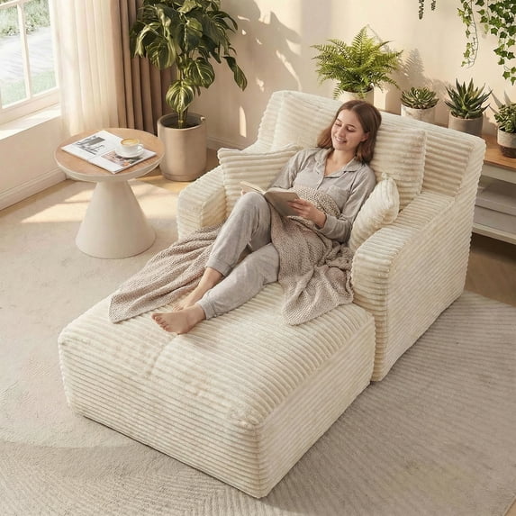 Kosynda 65"D Oversized Chaise Lounge Chair Indoor, Corduroy Upholstered Boneless Sofa Bed with 3 Pillows for Living Room, White