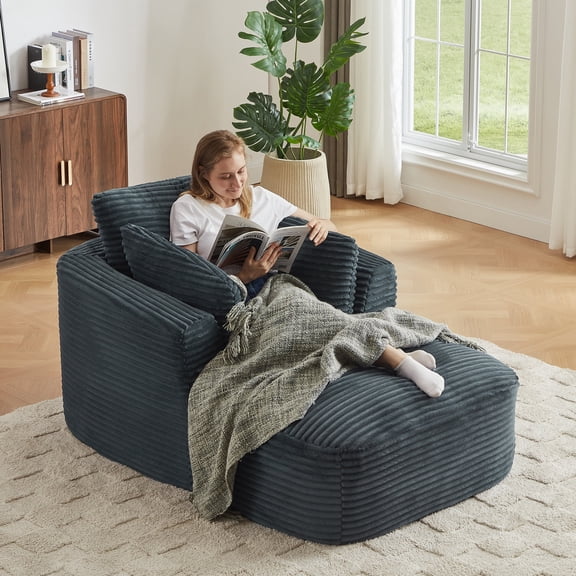 Kosynda 65"D Chaise Lounge Chair Indoor, Corduroy Boneless Sleeper Couch Reading Chair, No Assembly Required for Living Room, Office, Dark Gray