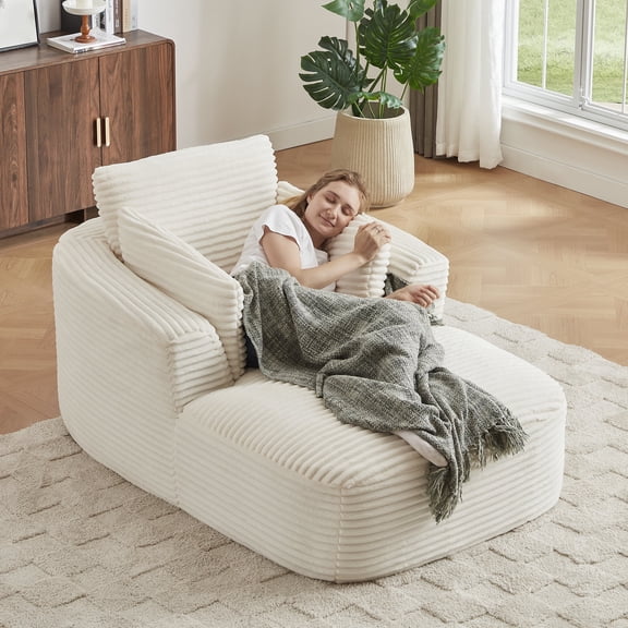 Kosynda 65"D Chaise Lounge Chair Indoor, Corduroy Boneless Sleeper Couch Reading Chair, No Assembly Required for Living Room, Office, White