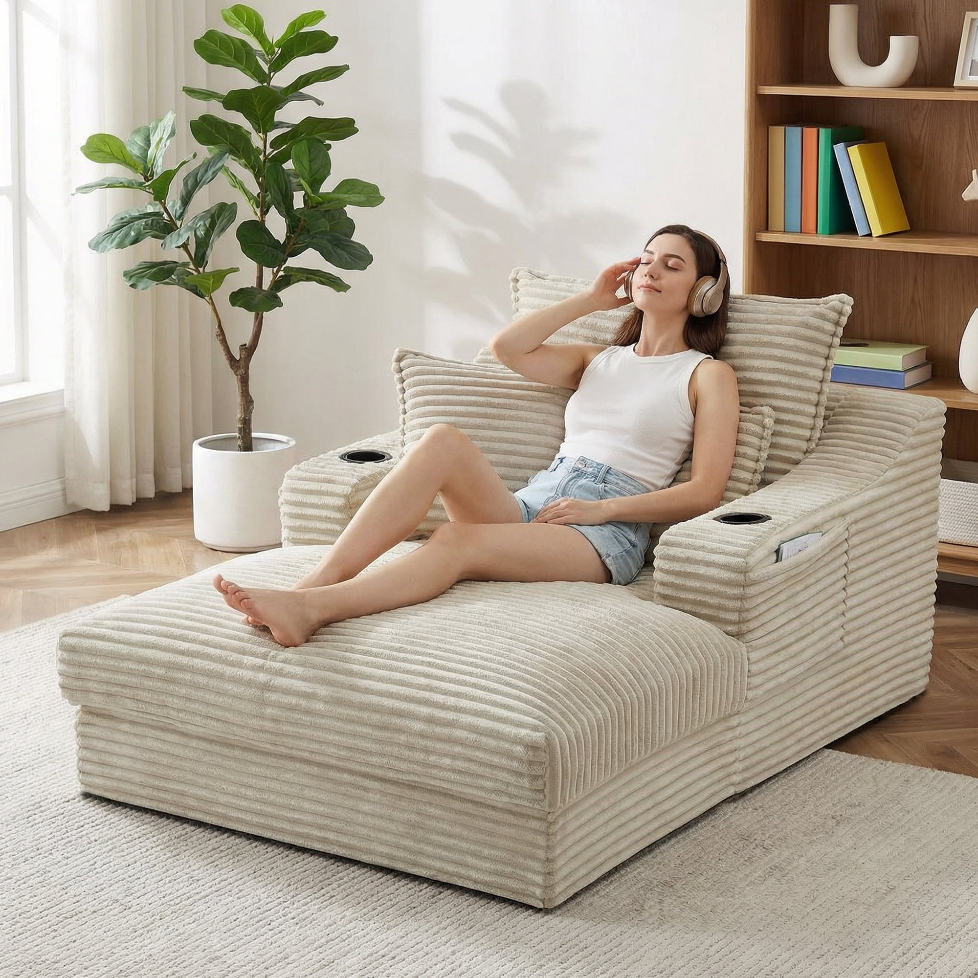 Kosynda 68"D Oversized Chaise Lounge Chair Indoor with Storage, Corduroy Upholstered Boneless Sleeper Sofa Bed with Cup Holder for Living Room, Bedroom, Camel