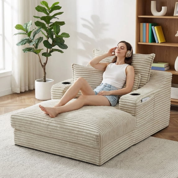 Kosynda 68"D Oversized Chaise Lounge Chair Indoor with Storage, Corduroy Upholstered Boneless Sleeper Sofa Bed with Cup Holder for Living Room, Bedroom, Camel