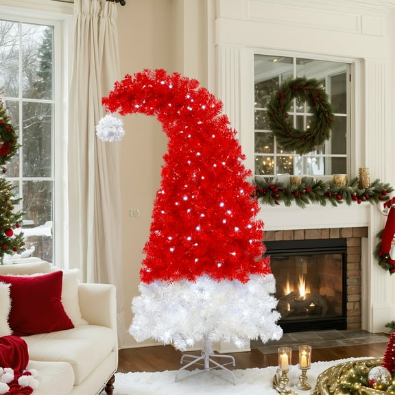 Kosynda 6FT Pre-lit Artificial Christmas Tree with 1050 Tips, Curved Xmas Tree with 300 LED Lights and Delightfully Curved Top for Home Party Holiday Décor, Red