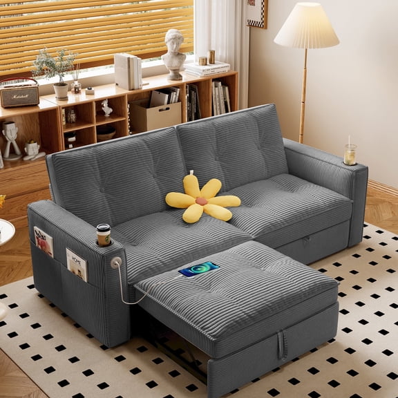 Kosynda 73"W Pull Out Couch with Charging and Cup Holder, 2 in 1 Convertible Sofa Bed with Storage Pockets, Folding Loveseat Sleeper Sofa for Living Room, Office, Small Space, Gray