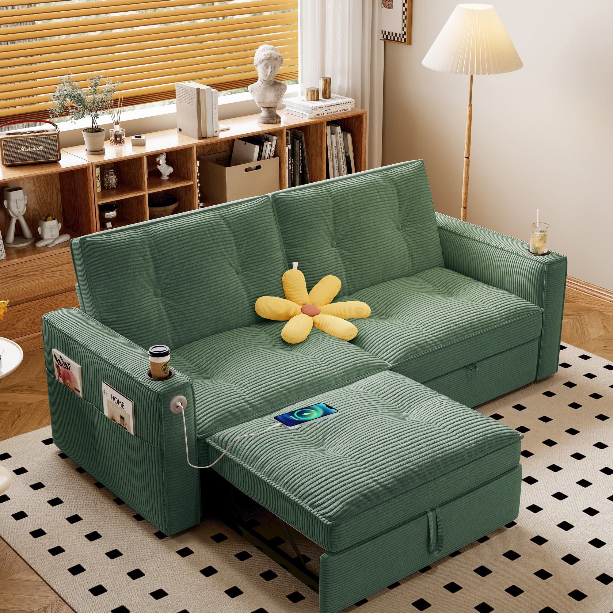 Kosynda 73"W Pull Out Couch with Charging and Cup Holder, 2 in 1 Convertible Sofa Bed with Storage Pockets, Folding Loveseat Sleeper Sofa for Living Room, Office, Small Space, Green