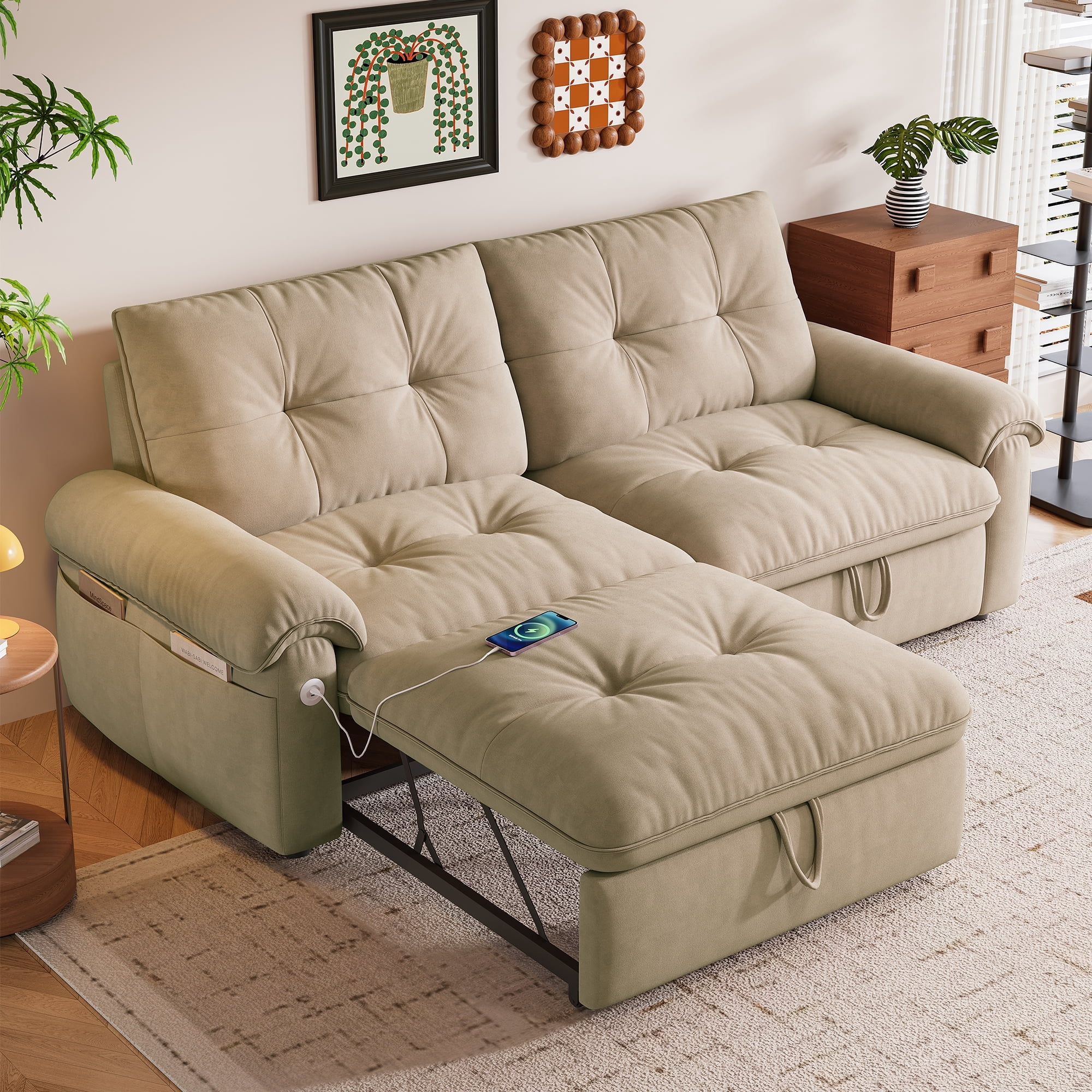 Kosynda 77"W Pull Out Couch with USB, 3 in 1 Convertible Sofa Bed with Storage Pockets, Folding Loveseat Sleeper Sofa for Living Room, Bedroom, Office, Small Space, Light Brown