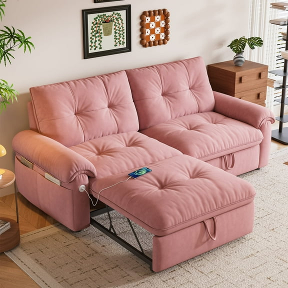 Kosynda 77"W Pull Out Couch with USB, 3 in 1 Convertible Sofa Bed with Storage Pockets, Folding Loveseat Sleeper Sofa for Living Room, Bedroom, Office, Small Space, Pink