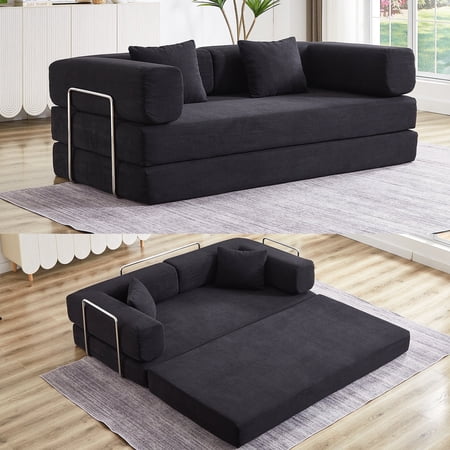 Kosynda 79" King Size Convertible Sleeper Sofa Bed with Pillows, 4-in-1 Folding Sofa Couch with Fixed-Shape Frame for Adult Living Room, Bedroom, Black
