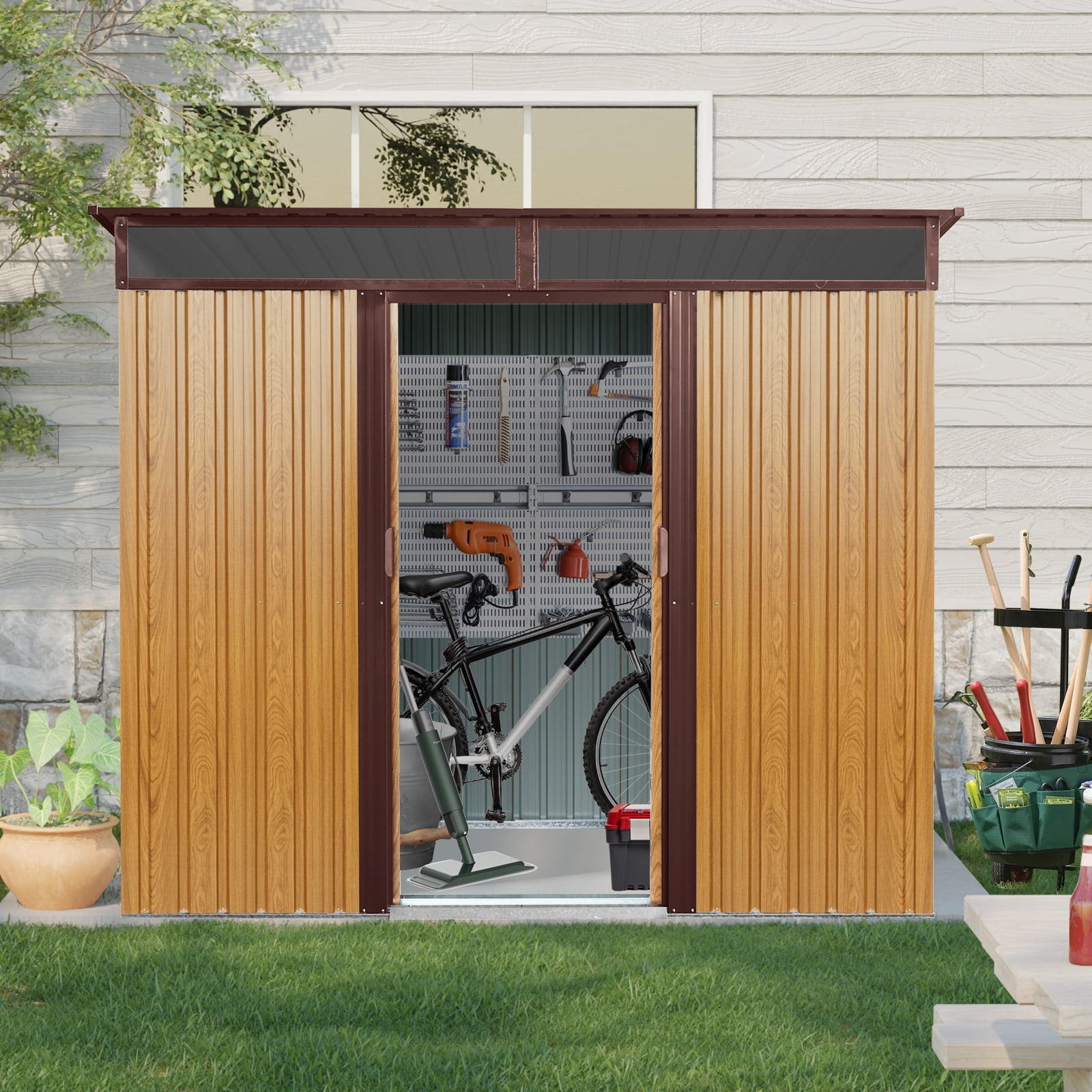 Kosynda 8' x 6' Outdoor Metal Storage Shed with Lockable Sliding Doors, Waterproof Metal Tool Storage House with Transparent Plate for Garden, Lawn, Backyard (Brown)