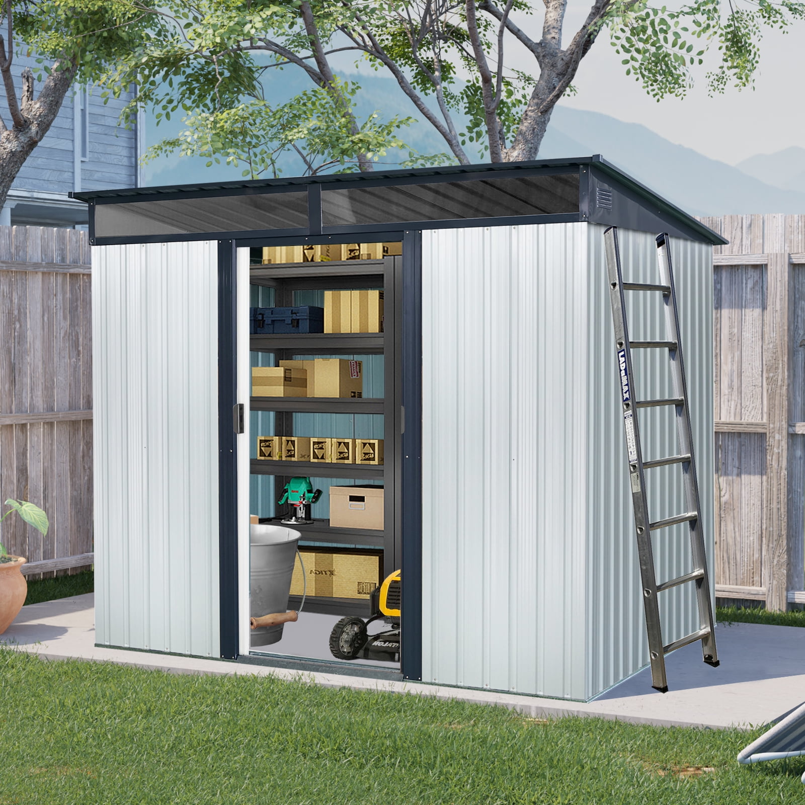 Kosynda 8' x 6' Outdoor Metal Storage Shed with Lockable Sliding Doors, Waterproof Metal Tool Storage House with Transparent Plate for Garden, Lawn, Backyard (White and Black)