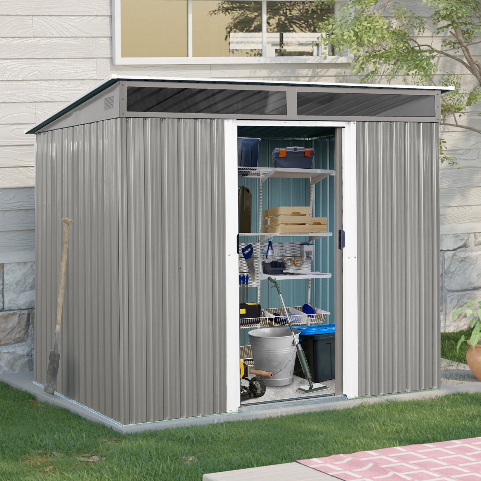 Kosynda 8' x 6' Outdoor Storage Shed with Lockable Sliding Doors, Waterproof Metal Tool Storage House with Transparent plate for Garden, Lawn, Backyard (Gray)