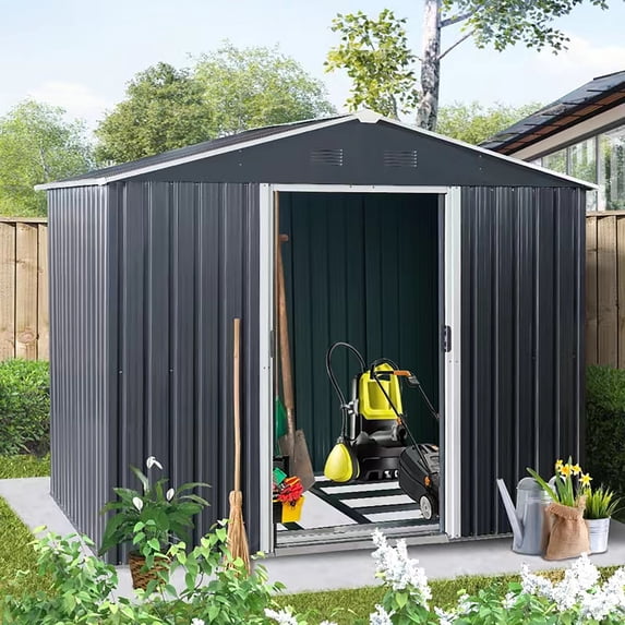 Kosynda 8' x 6' Outdoor Storage Shed with Air Vents, Galvanized Metal Tool Storage House with Sliding Door for Garden, Lawn, Backyard, Outdoor, Black