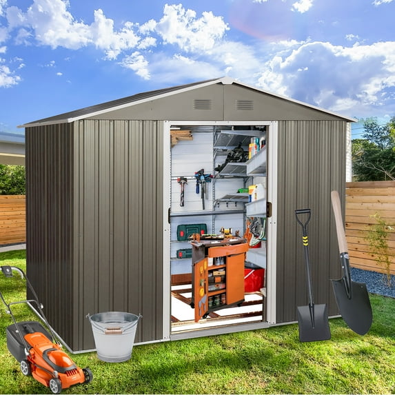 Kosynda 8' x 6' Outdoor Storage Shed with Air Vents, Galvanized Metal Tool Storage House with Sliding Door for Garden, Lawn, Backyard, Outdoor, Gray