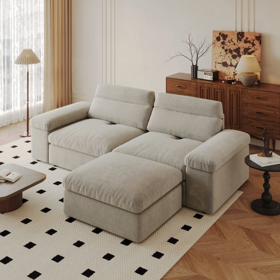 Kosynda 83"W Modular Sectional Sofa with Storage Ottoman and Armrests, Down Filled Cloud Sectional Couch Loveseat Sleeper Sofa with Adjustable Backrest for Living Room, Bedroom, Grey