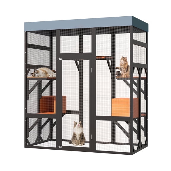 Kosynda Large Catio Outdoor Cat Enclosure with Weatherproof Roof, Wooden Cat House Kitty Cage with 5 Platforms and 2 Napping Houses for Multiple Cats, Black