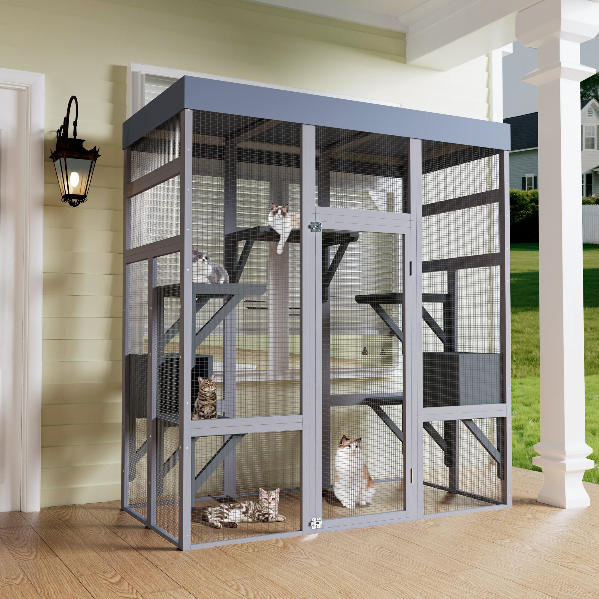 Kosynda Large Catio Outdoor Cat Enclosure with Weatherproof Roof, Wooden Cat House Kitty Cage with 7 Platforms and 2 Napping Houses for Multiple Cats, Gray