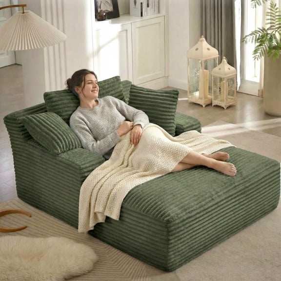 Kosynda Oversized Chaise Lounge Chair Indoor, 50"W Corduroy Upholstered Boneless Sofa Bed with 3 Pillows and Armrests for Living Room, Bedroom, Green