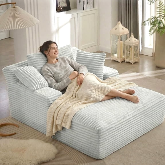 Kosynda Oversized Chaise Lounge Chair Indoor, 50"W Corduroy Upholstered Boneless Sofa Bed with 3 Pillows and Armrests for Living Room, Bedroom, Light Gray