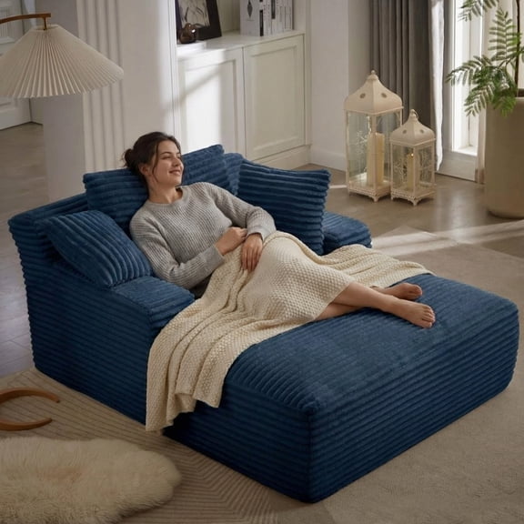 Kosynda Oversized Chaise Lounge Chair Indoor, 50"W Corduroy Upholstered Boneless Sofa Bed with 3 Pillows and Armrests for Living Room, Bedroom, Blue