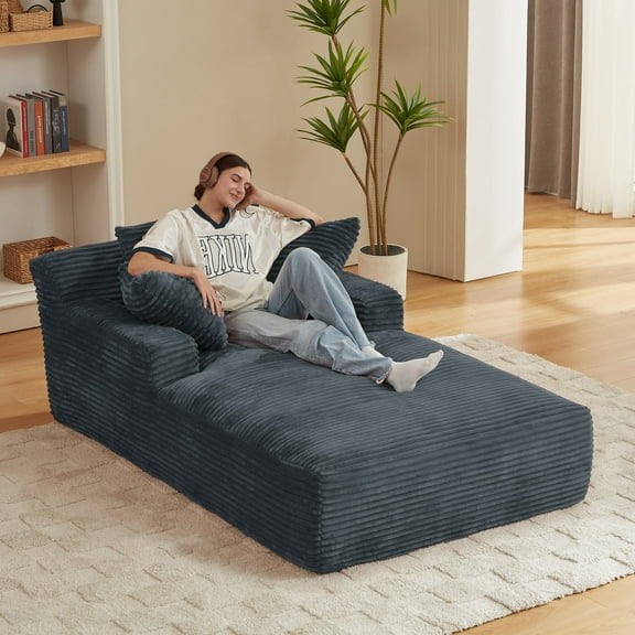 Kosynda Extra-long 79" Chaise Lounge Chair Indoor, Corduroy Upholstered Modern Sofa Couch with Pillows for Living Room, Office, No Assembly Required, Dark Gray