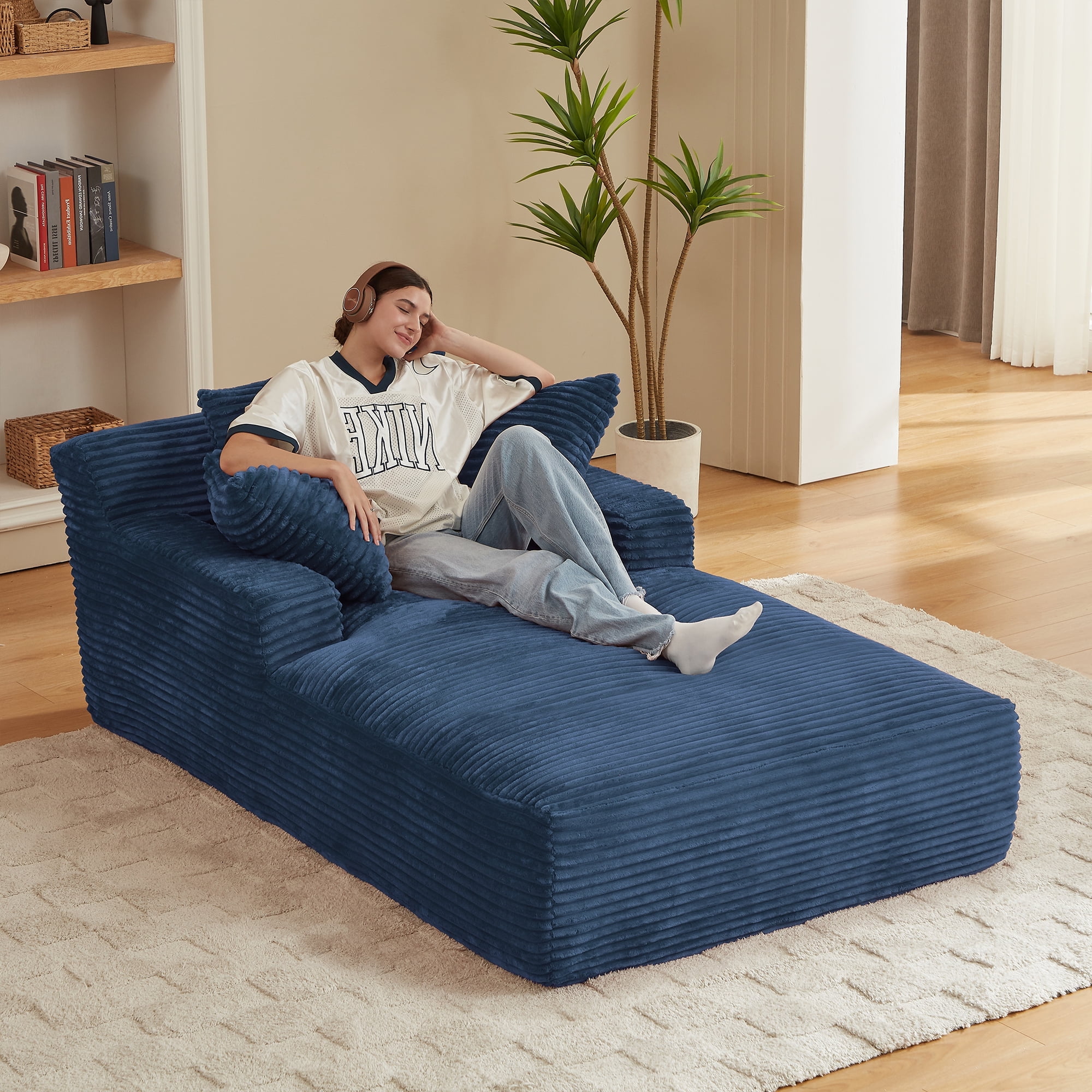 Kosynda Extra-long 79" Chaise Lounge Chair Indoor, Corduroy Upholstered Modern Sofa Couch with Pillows for Living Room, Office, No Assembly Required, Blue