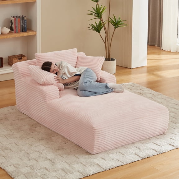 Kosynda Extra-long 79" Chaise Lounge Chair Indoor, Corduroy Upholstered Modern Sofa Couch with Pillows for Living Room, Office, No Assembly Required, Pink