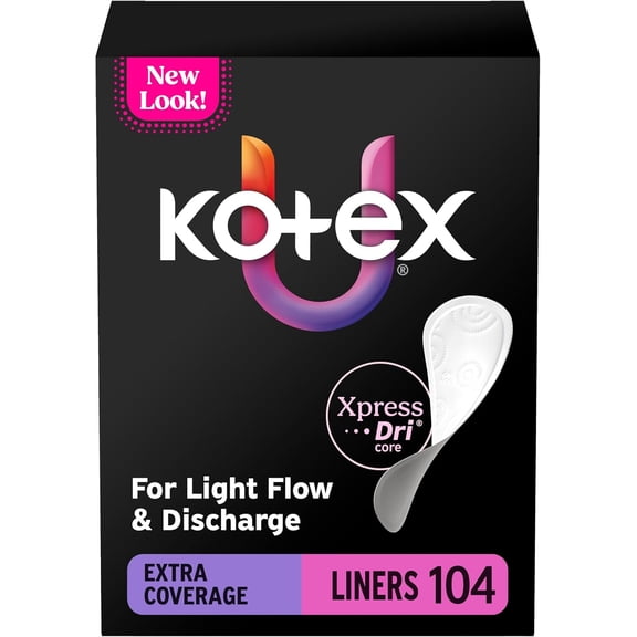 Kotex Absorbent Flat Liners, Light Absorbency, Extra Coverage, 104 Count (Packaging May Vary)