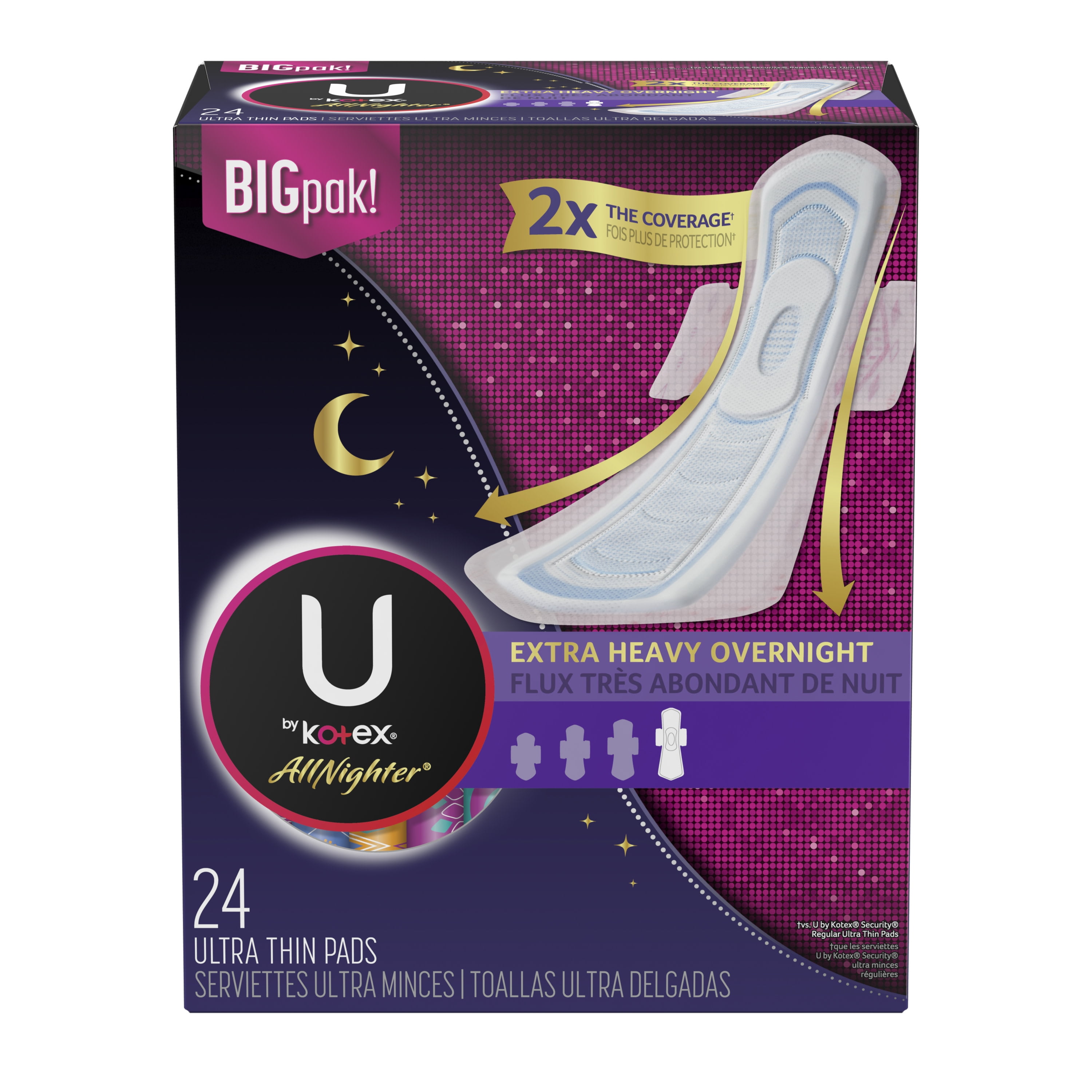 Kotex U AllNighter Ultra Thin Overnight Pads with Wings, Extra Heavy Flow,  Unscented, 24 Count