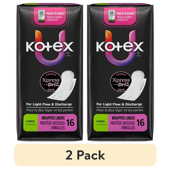 Kotex Wrapped Liners, Light Absorbency, Long Length, 16 Count - 2 Pack