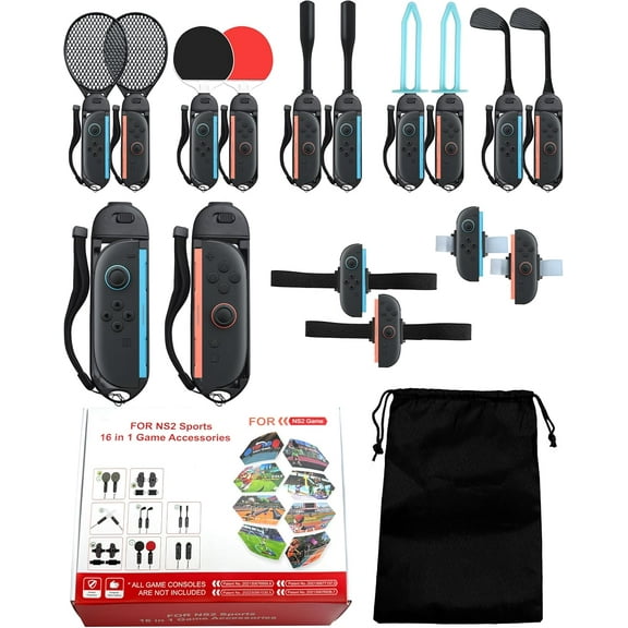 Kothab Switch 2 Sports Accessories Bundle for Switch 2 (2025), Sports Games Kit for JoyCon 2 with 2 Shared Grips/Tennis Rackets/Golf Clubs/Ping-Pong Bats/Baseball Bats/Swords/Wrist & Leg Straps