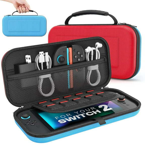 KothabCarrying Case for NS Switch 2 2025, Protective Hard Shell Portable Travel Carry Case Pouch Holds 10 Cartridges Pockets for Switch 2 Accessories and Games, Red Blue