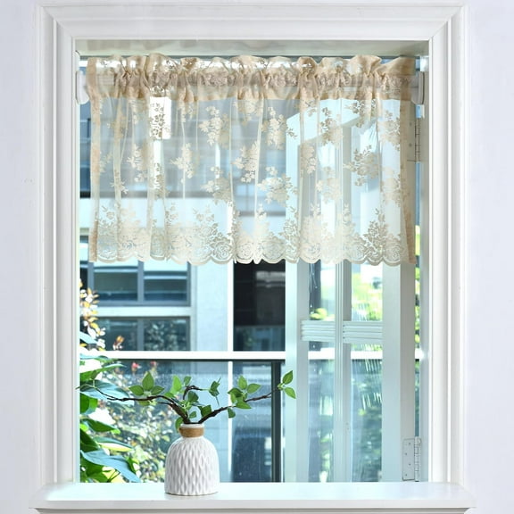 Kotile Pink Sheer Valance for Windows, Country Rustic Floral Short Lace Cafe Curtain 18 Inch Length, Light Filtering Rod Pocket Lace Valance Curtain, 52 x 18 Inch, 1 Panel, Pink